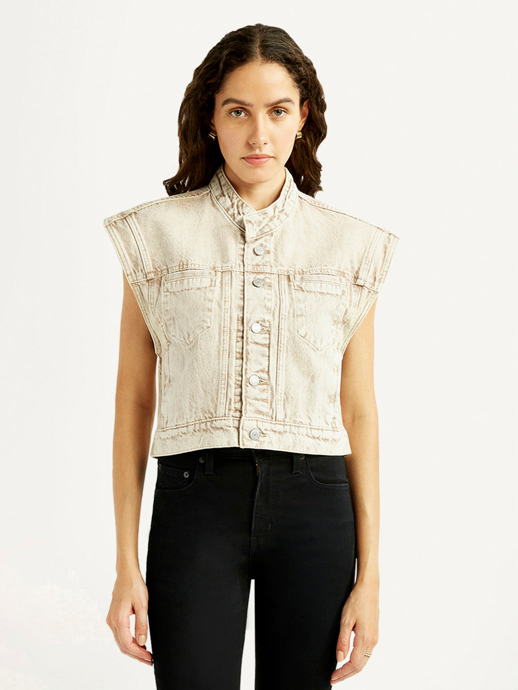 Women's Solid Beige Denim Jacket - Front View