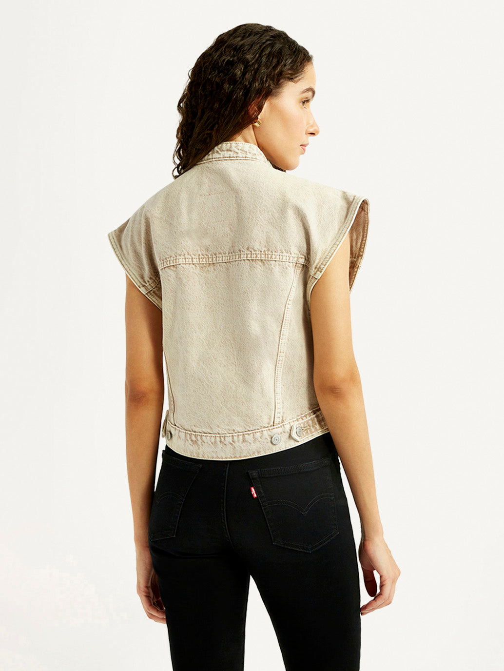 Women's Solid Beige Denim Jacket - Back View