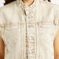 Women's Solid Beige Denim Jacket - Detail View