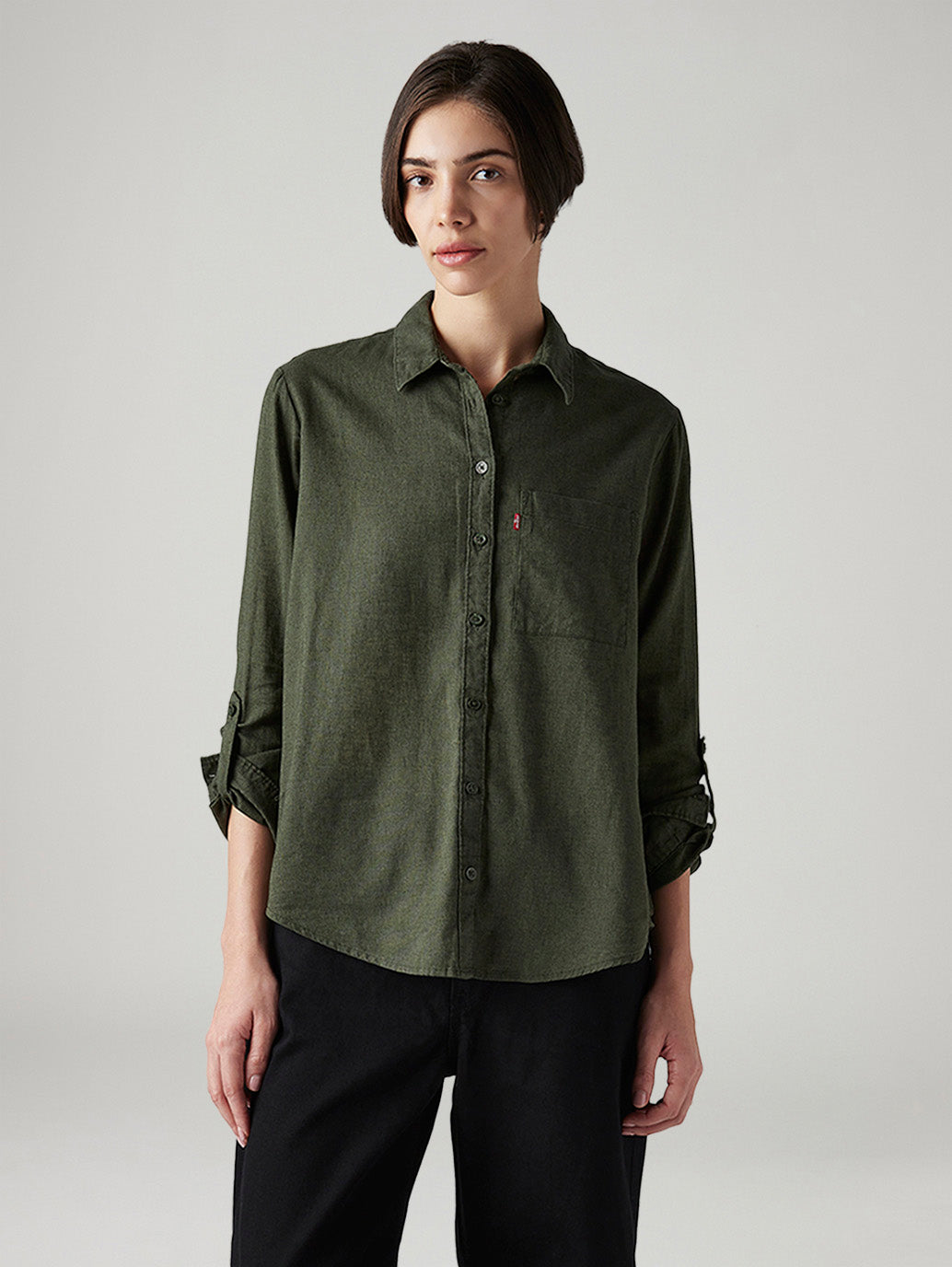 Women's Solid Relaxed Fit Linen Shirt - Front View