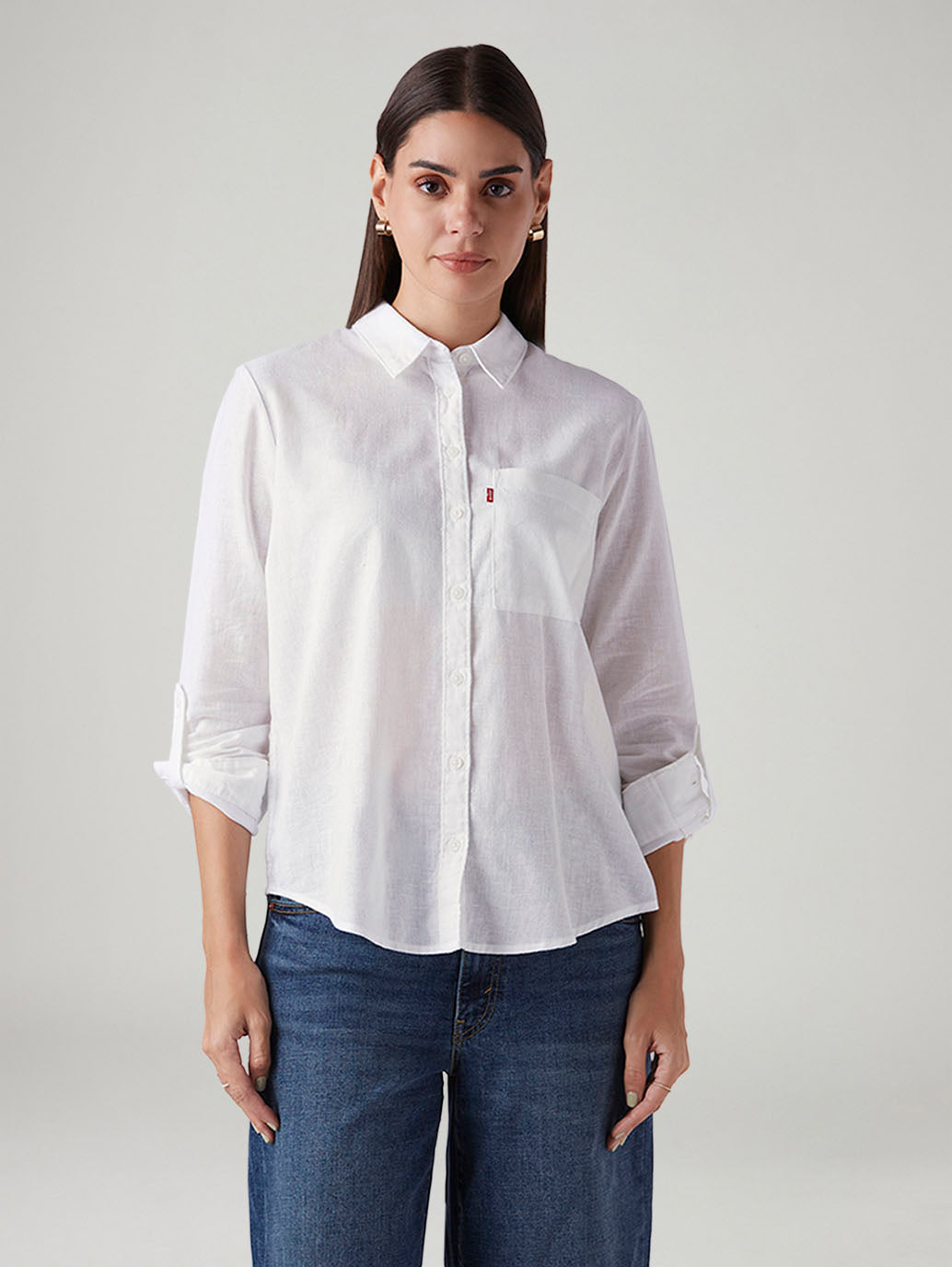 Women's Solid Relaxed Fit Linen Shirt - Front View
