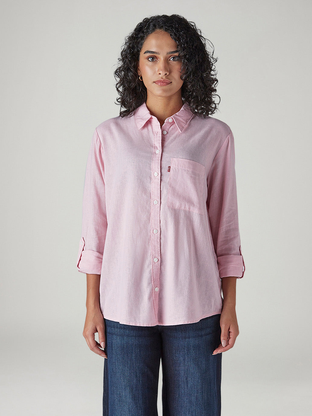 Women's Solid Regular Fit Linen Shirt - Front View