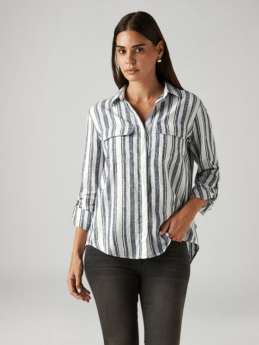 Women's Striped White Relaxed Fit Utility Shirt - Styleshot View