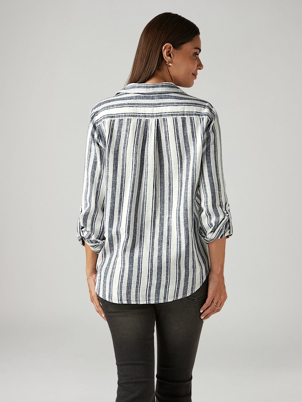 Women's Striped White Relaxed Fit Utility Shirt - Back View