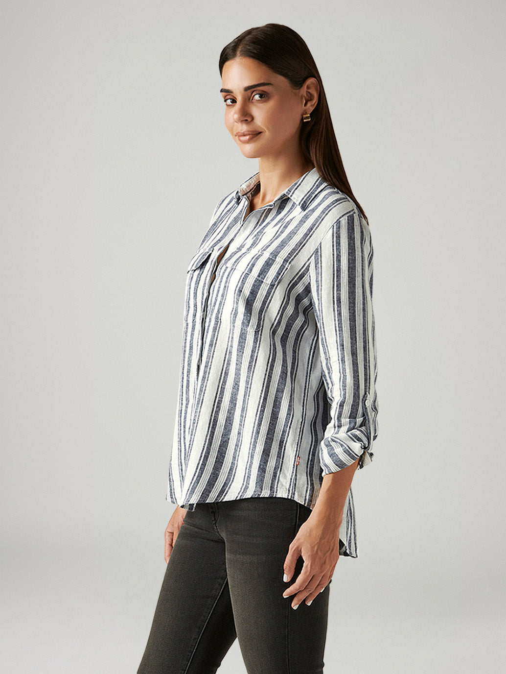 Women's Striped White Relaxed Fit Utility Shirt - Side View