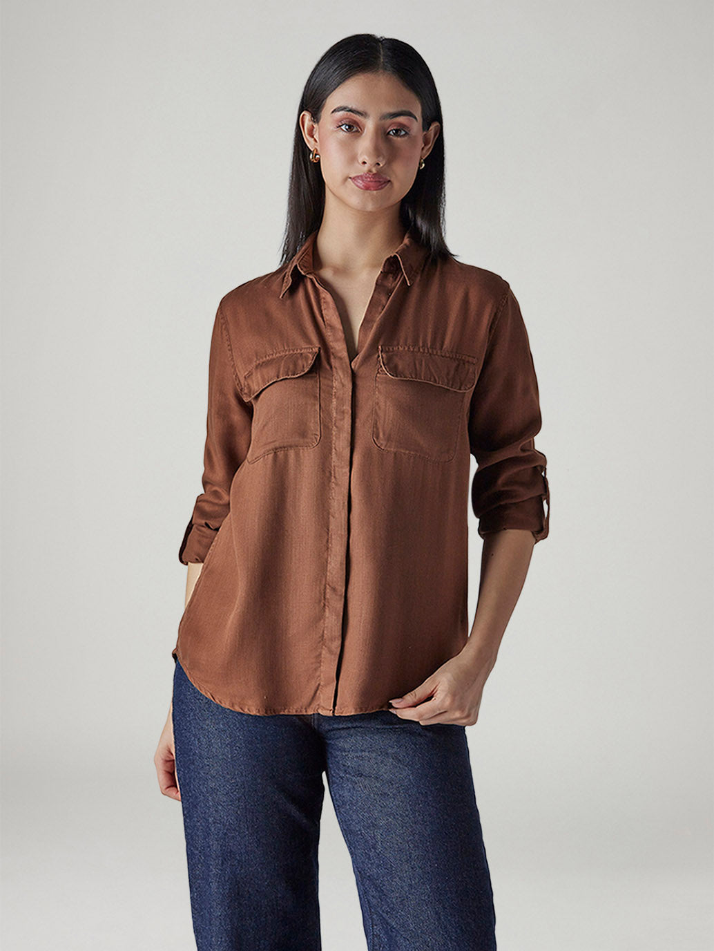 Women's Solid Relaxed Fit Utility Shirt - Front View