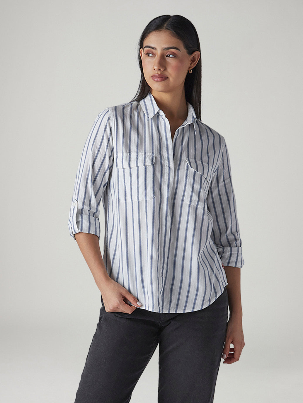 Women's White Striped Relaxed Fit Utility Shirt