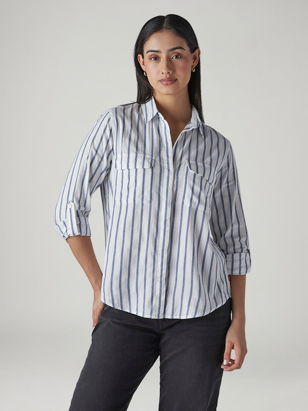 Women's White Striped Relaxed Fit Utility Shirt - Front View