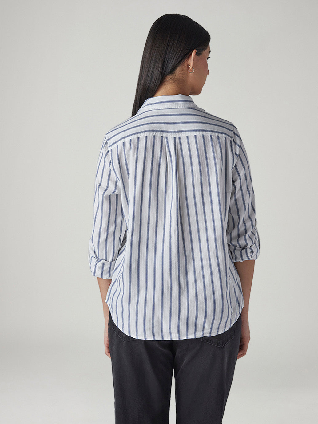 Women's White Striped Relaxed Fit Utility Shirt - Back View