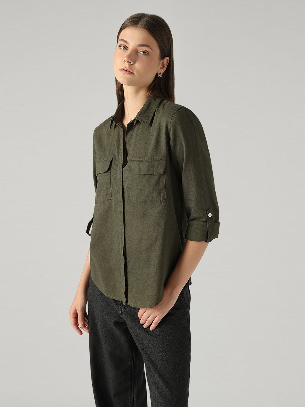 Women's Solid Relaxed Fit Linen Shirt - Styleshot View