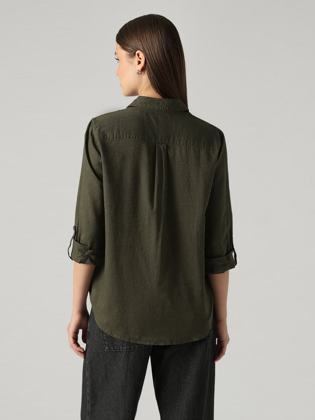 Women's Solid Relaxed Fit Linen Shirt - Back View