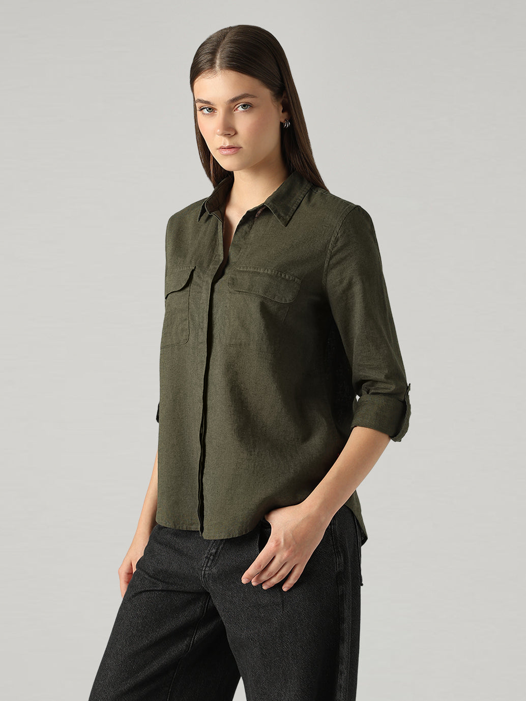 Women's Solid Relaxed Fit Linen Shirt - Side View
