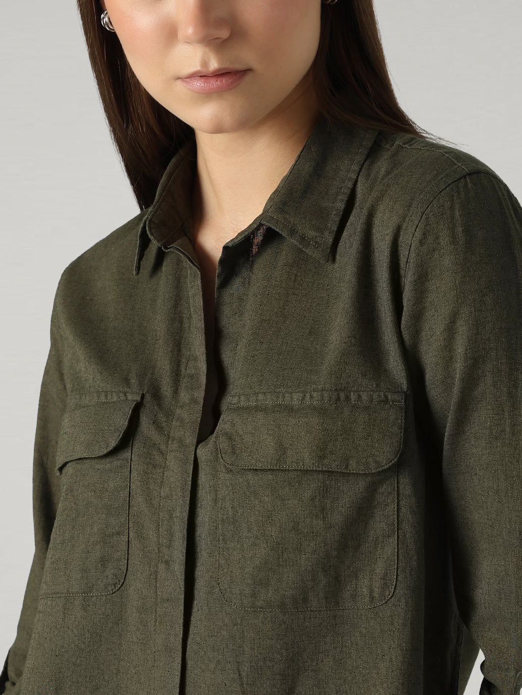 Women's Solid Relaxed Fit Linen Shirt - Detail View