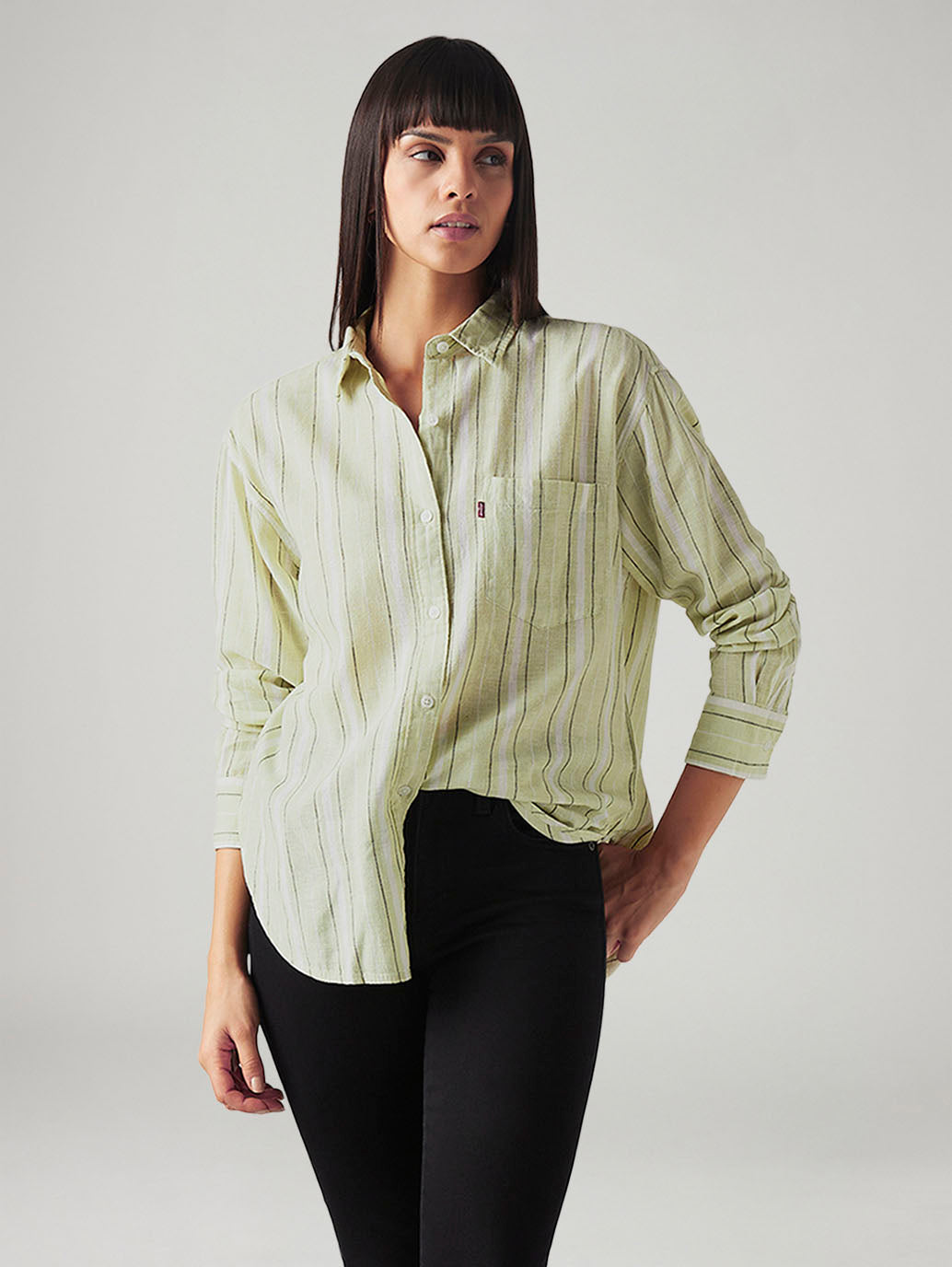 Women's Striped Relaxed Fit Linen Shirt - Styleshot View