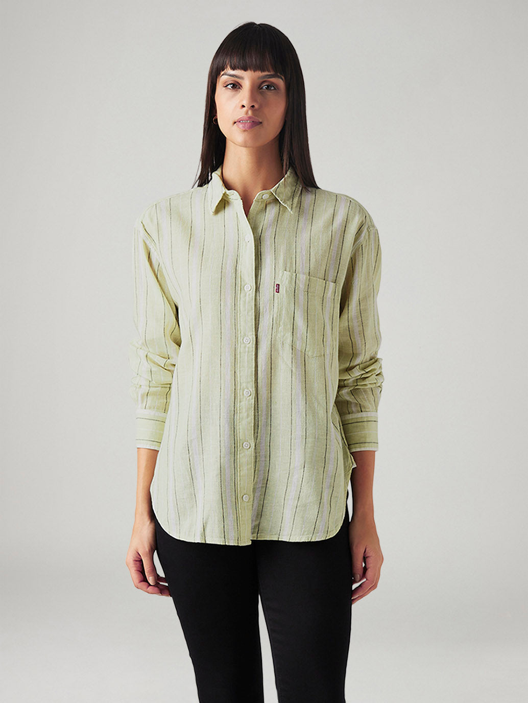 Women's Striped Relaxed Fit Linen Shirt - Front View