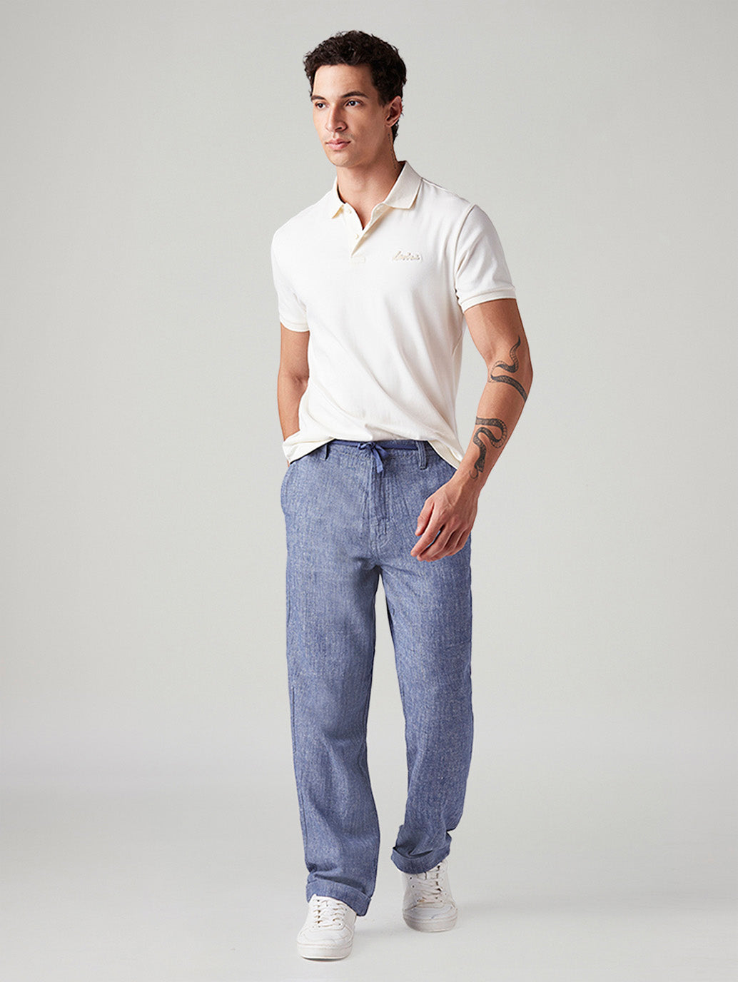 Men's Blue Loose Straight Fit Mid Rise Chinos - Styleshot View