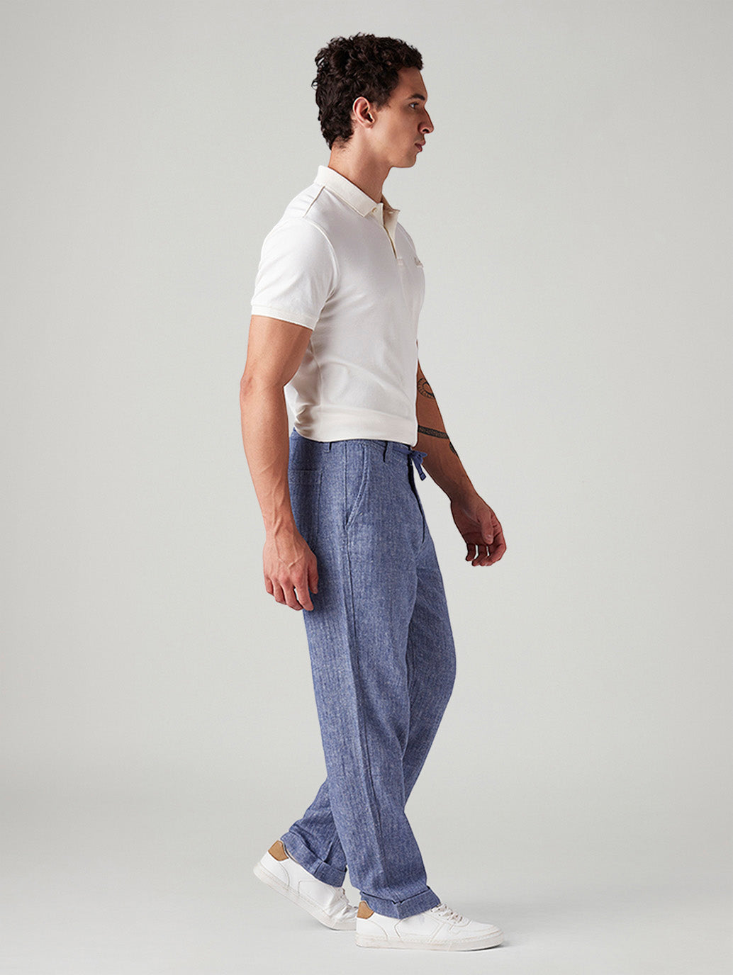 Men's Blue Loose Straight Fit Mid Rise Chinos - Side View
