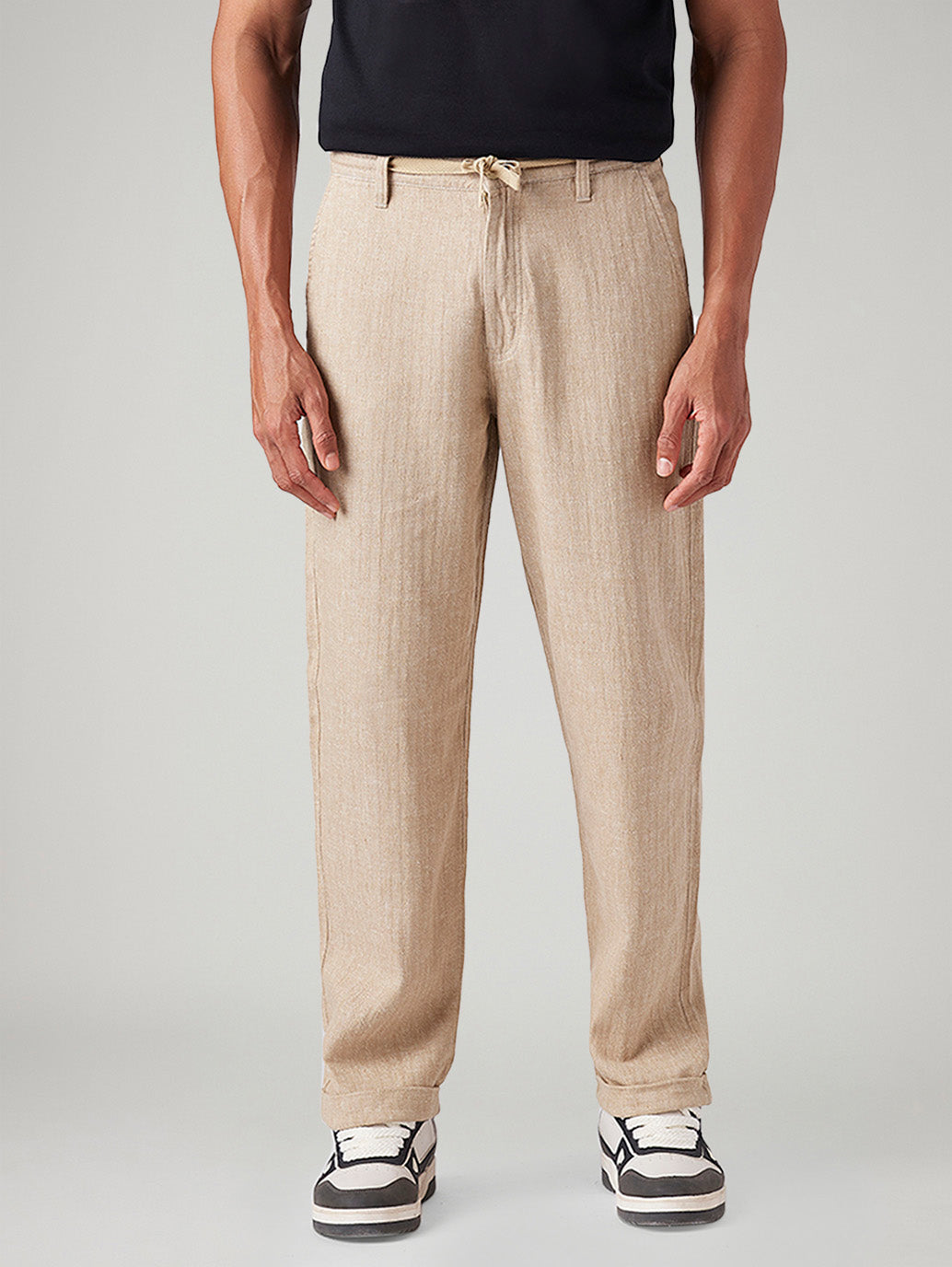 Men's Beige Loose Straight Fit Mid Rise Linen Chinos - Front View