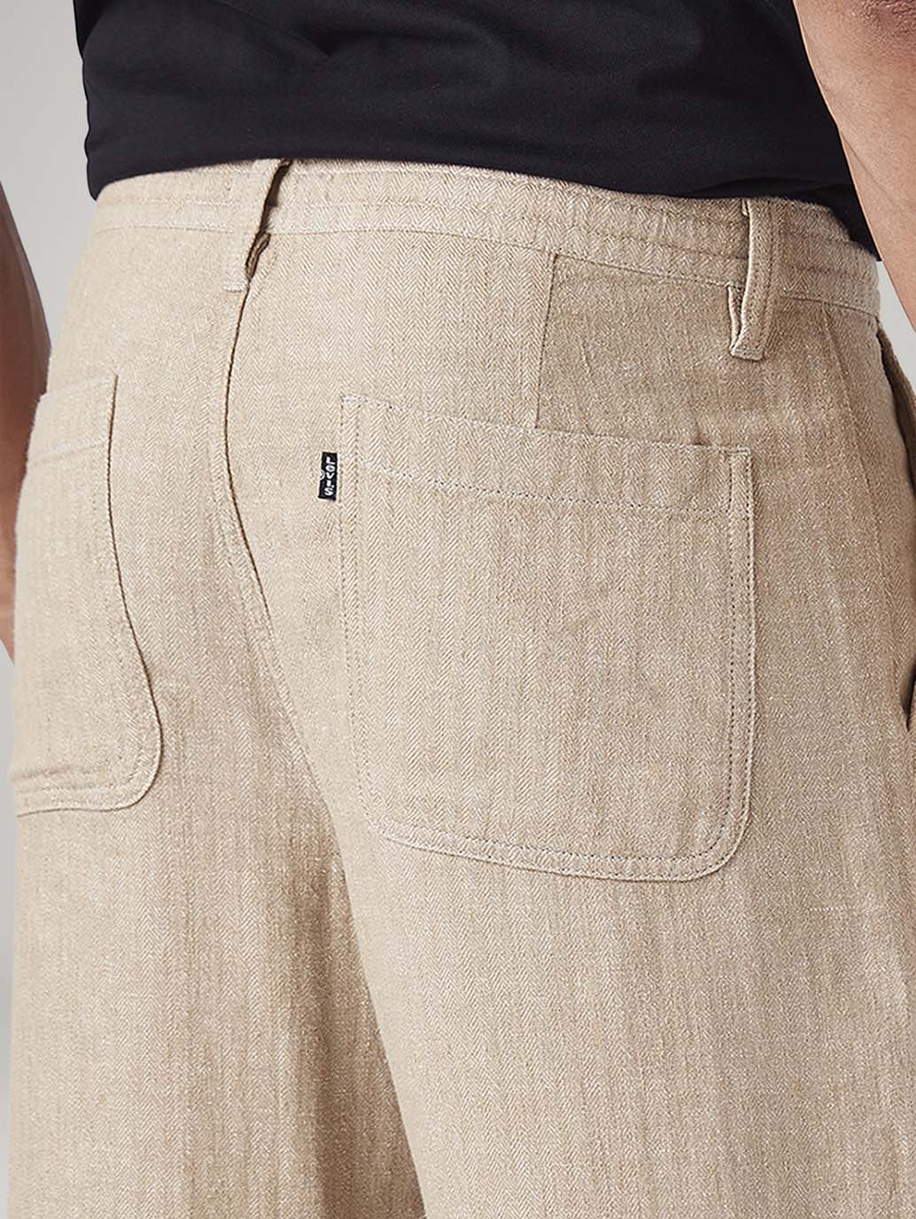 Men's Beige Loose Straight Fit Mid Rise Linen Chinos - Detail View