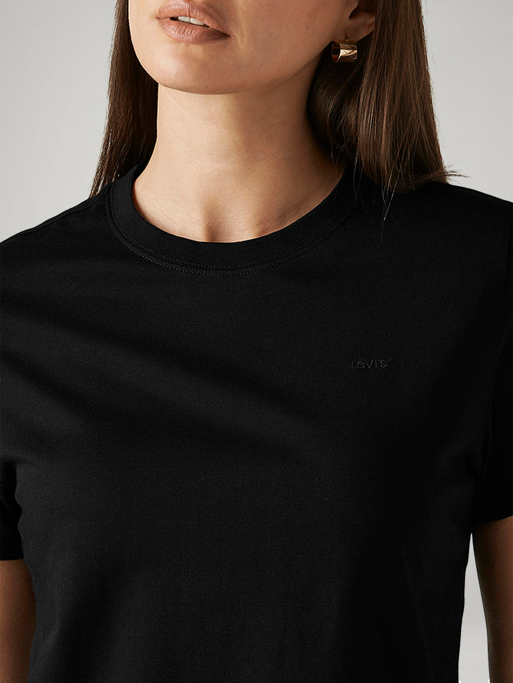 Women's Solid Black Crew Neck T-shirt - Detail View