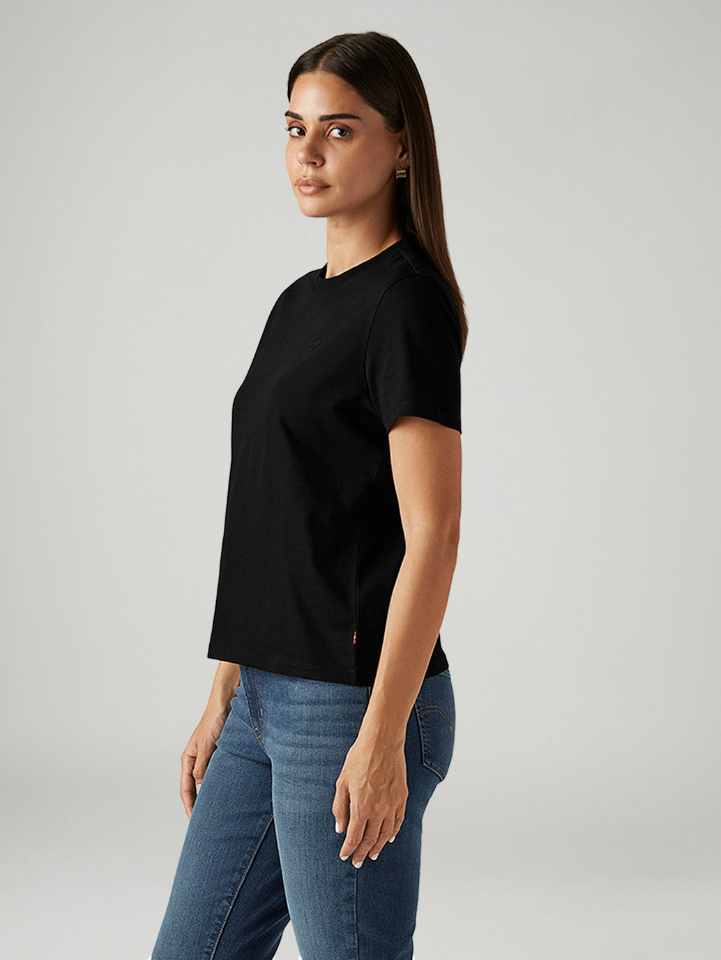 Women's Solid Black Crew Neck T-shirt - Side View