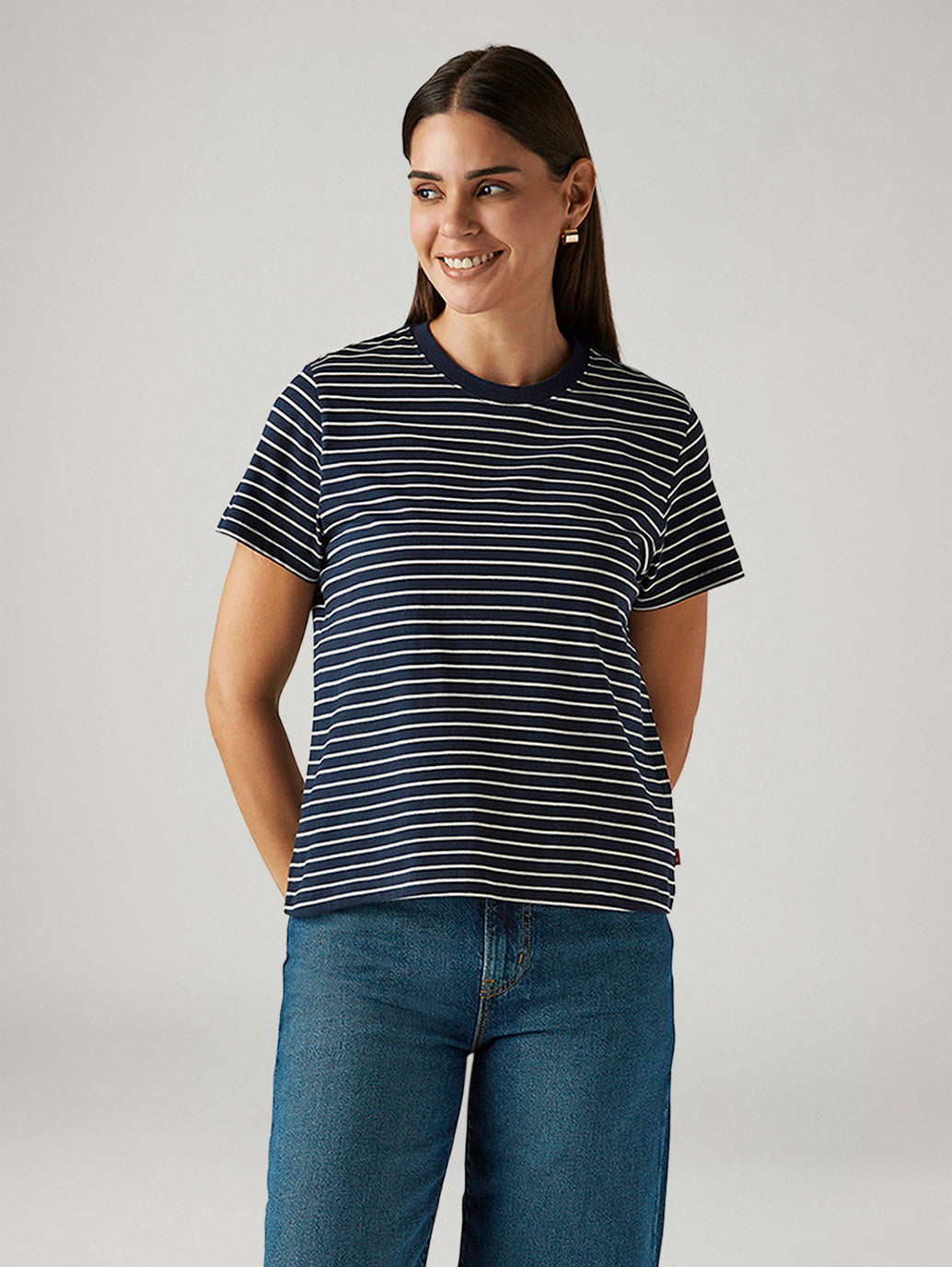 Women's Striped Navy Crew Neck T-shirt - Front View