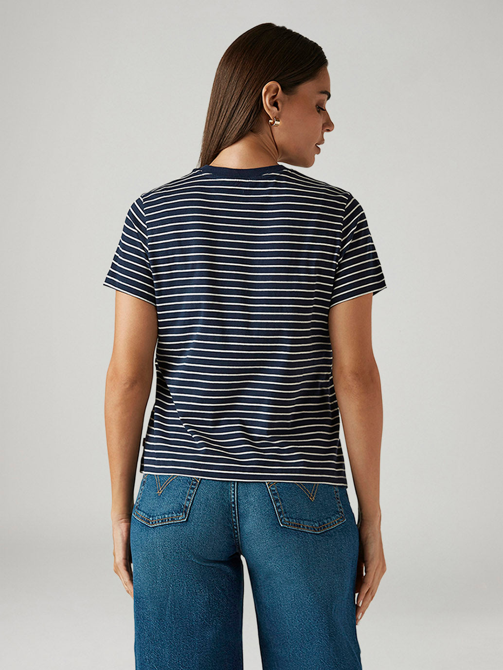 Women's Striped Navy Crew Neck T-shirt - Back View
