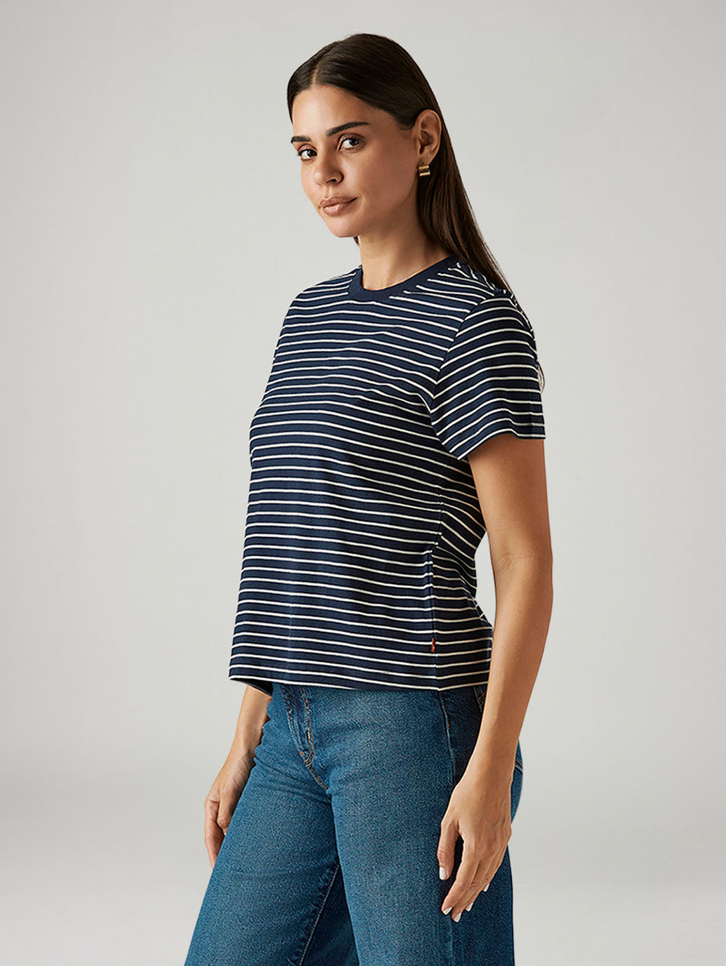 Women's Striped Navy Crew Neck T-shirt - Side View