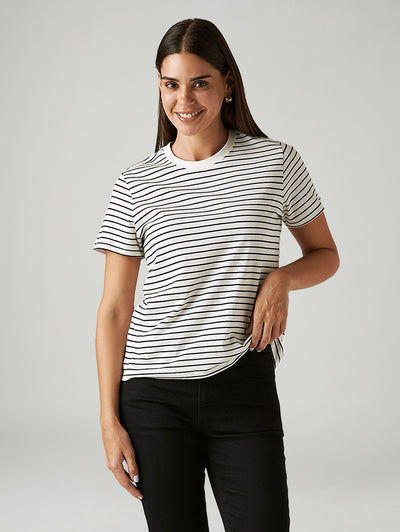 Women's Striped White Crew Neck T-shirt