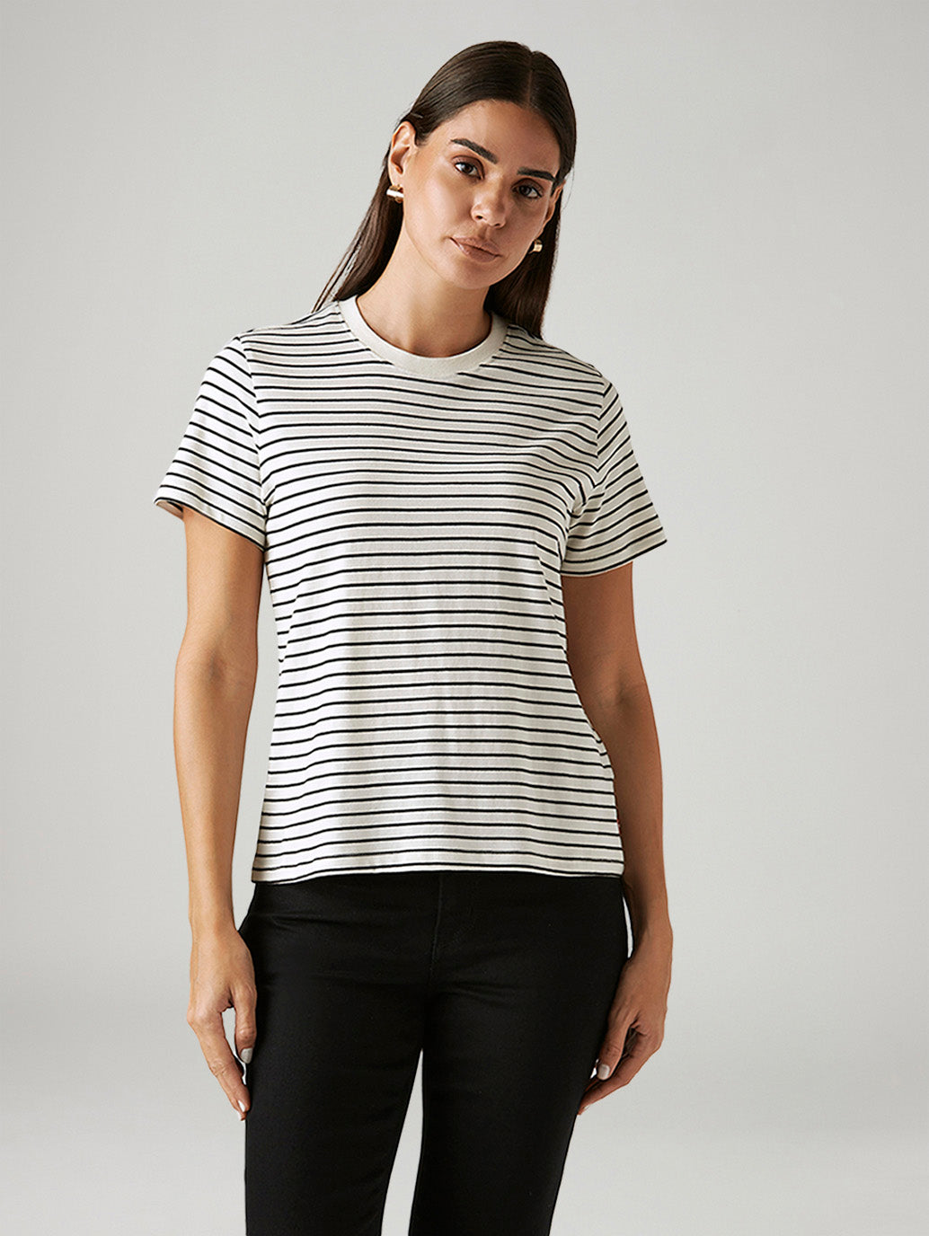 Women's Striped White Crew Neck T-shirt - Front View