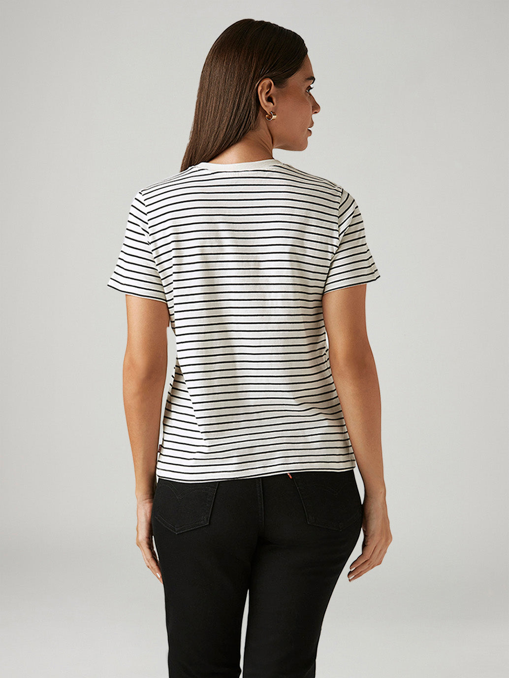 Women's Striped White Crew Neck T-shirt - Back View