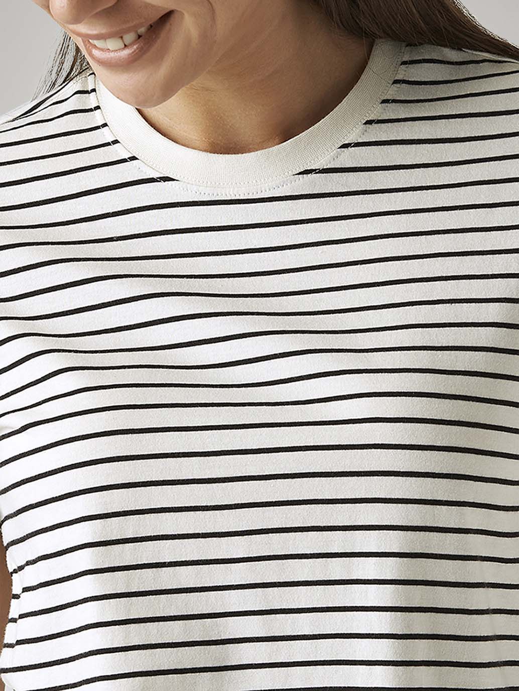 Women's Striped White Crew Neck T-shirt - Detail View