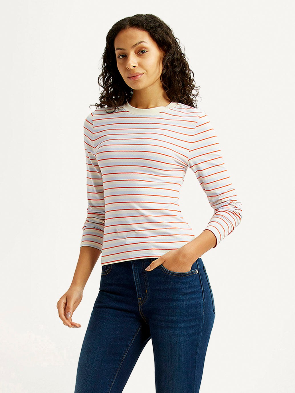 Women's Striped White Slim Fit T-shirt