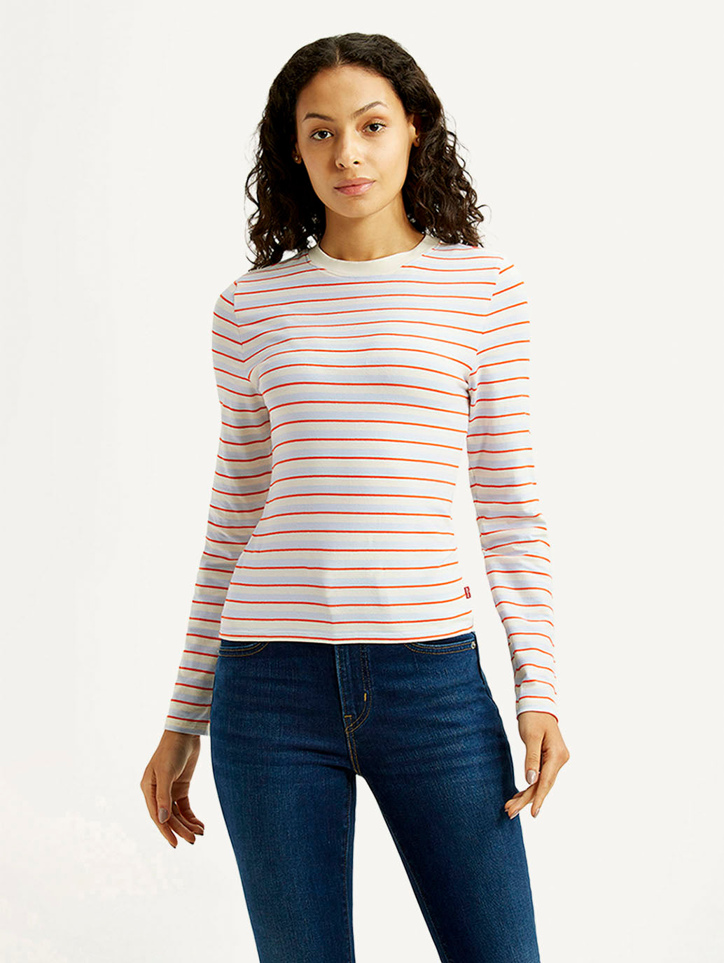 Women's Striped White Slim Fit T-shirt - Front View
