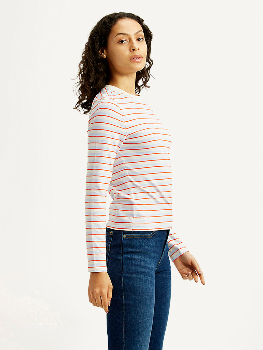 Women's Striped White Slim Fit T-shirt - Side View