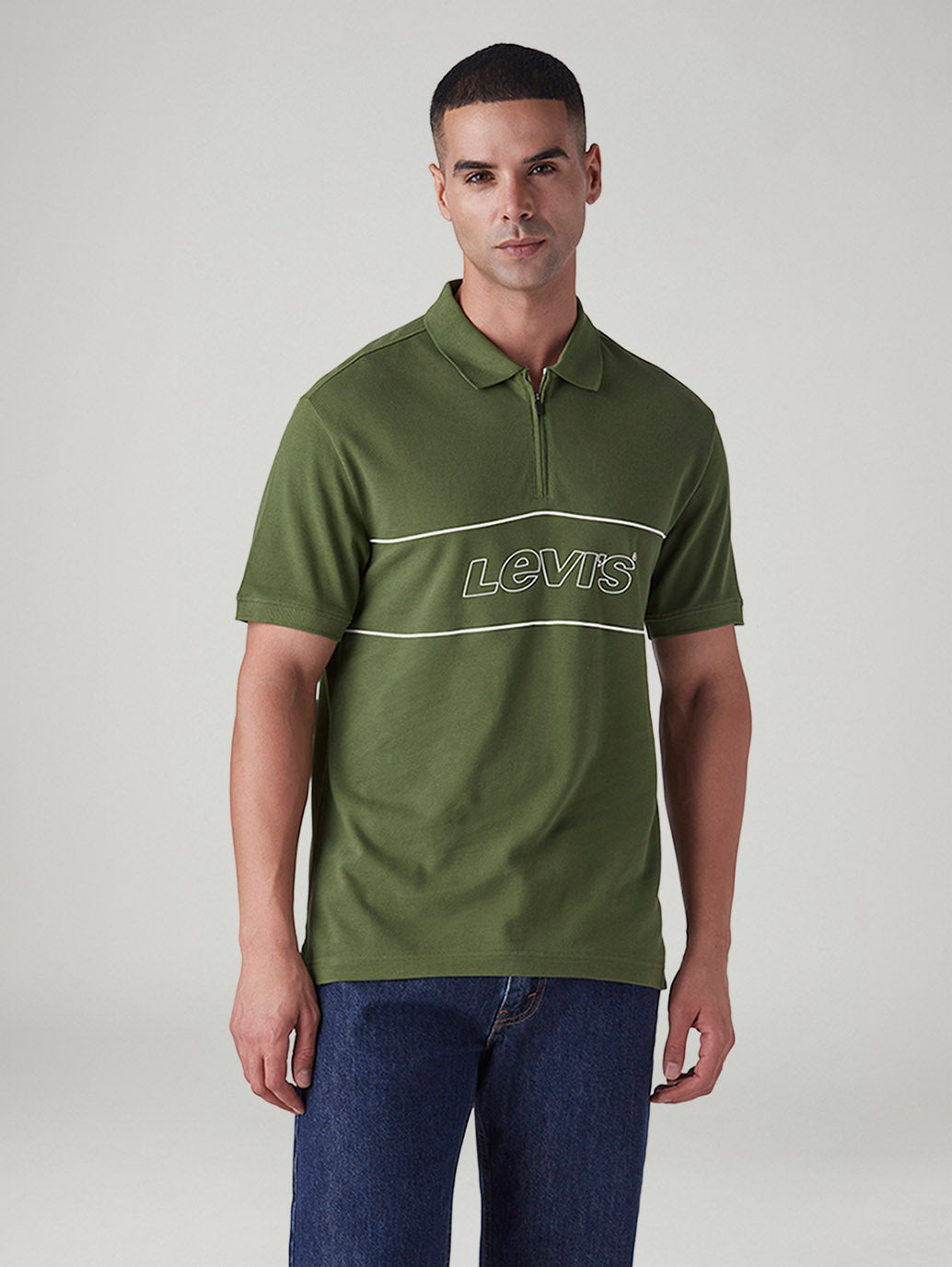 Men's Logo Printed Slim Fit Pique Polo T-Shirt - Front View
