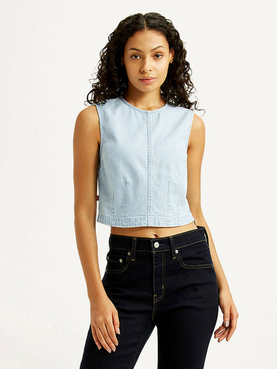 levi's Women's Solid Light Blue Round Neck Denim Top-picture-27