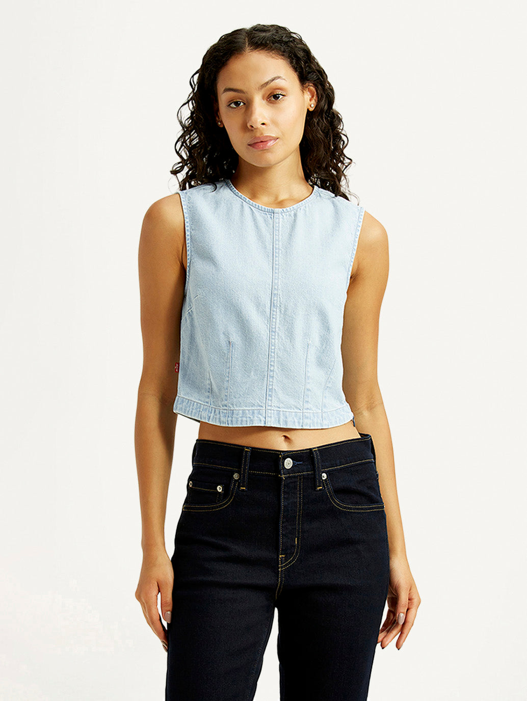 Women's Solid Indigo Round Neck Denim Top - Front View