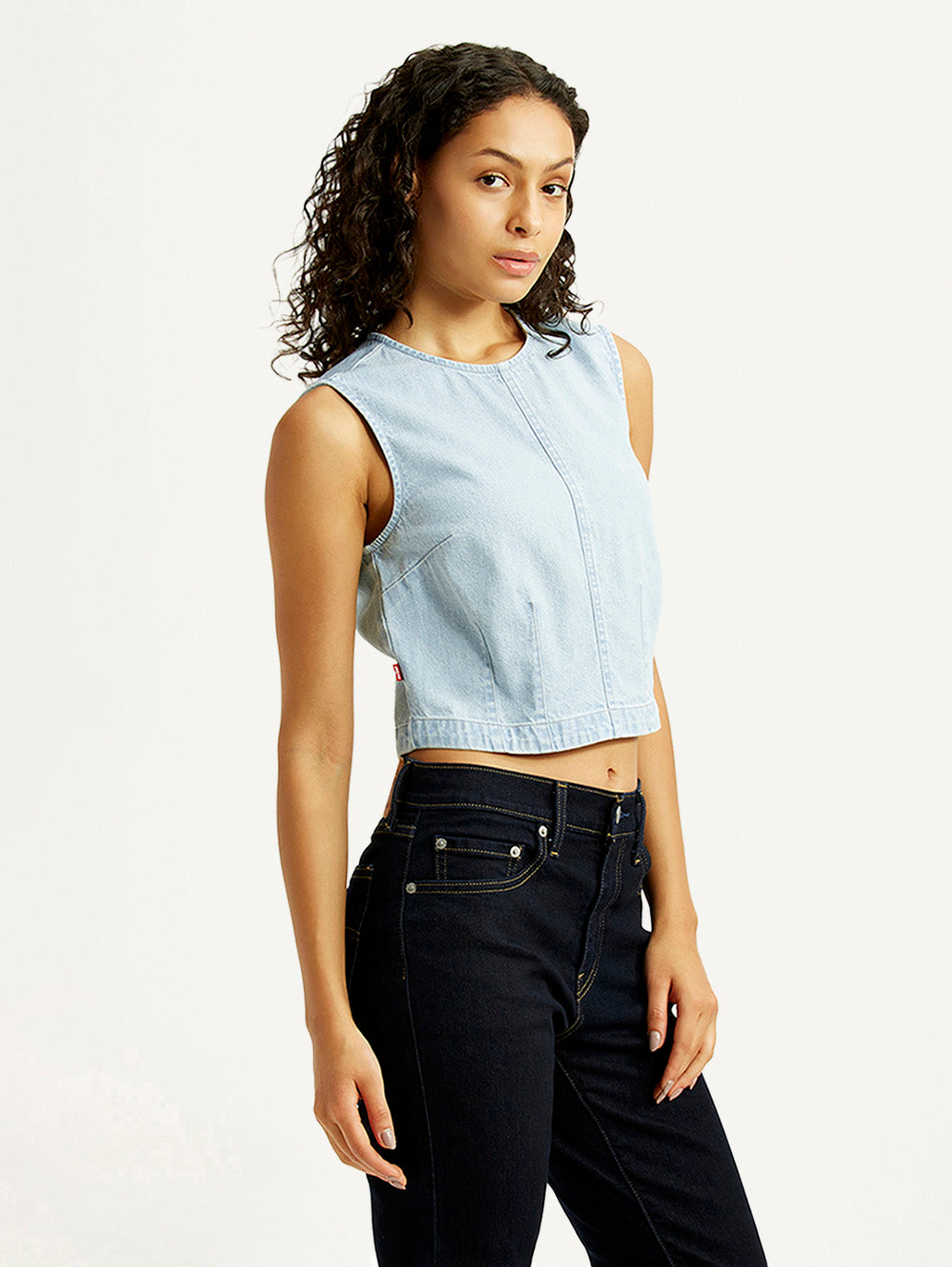 Women's Solid Indigo Round Neck Denim Top - Side View