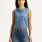 Women's Solid Indigo Round Neck Denim Top - Front View