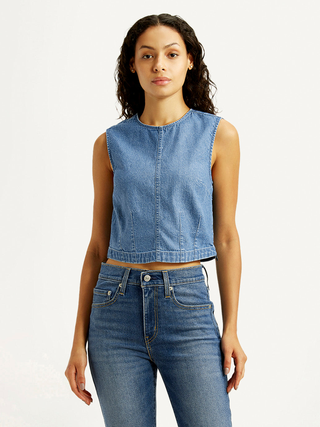 Women's Solid Indigo Round Neck Denim Top - Front View