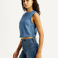 Women's Solid Indigo Round Neck Denim Top - Side View