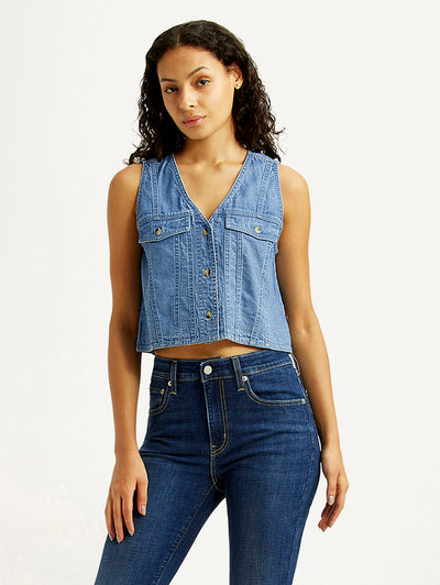 levi's Women's Solid Indigo V-Neck Denim Top-picture-24