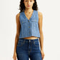 Women's Solid Indigo V-Neck Denim Top - Front View