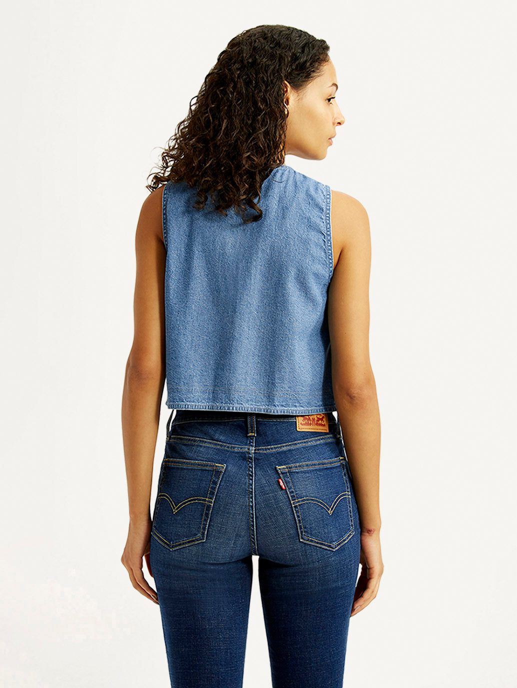 Women's Solid Indigo V-Neck Denim Top - Back View