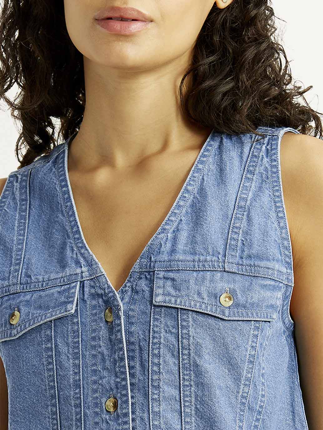 Women's Solid Indigo V-Neck Denim Top - Detail View