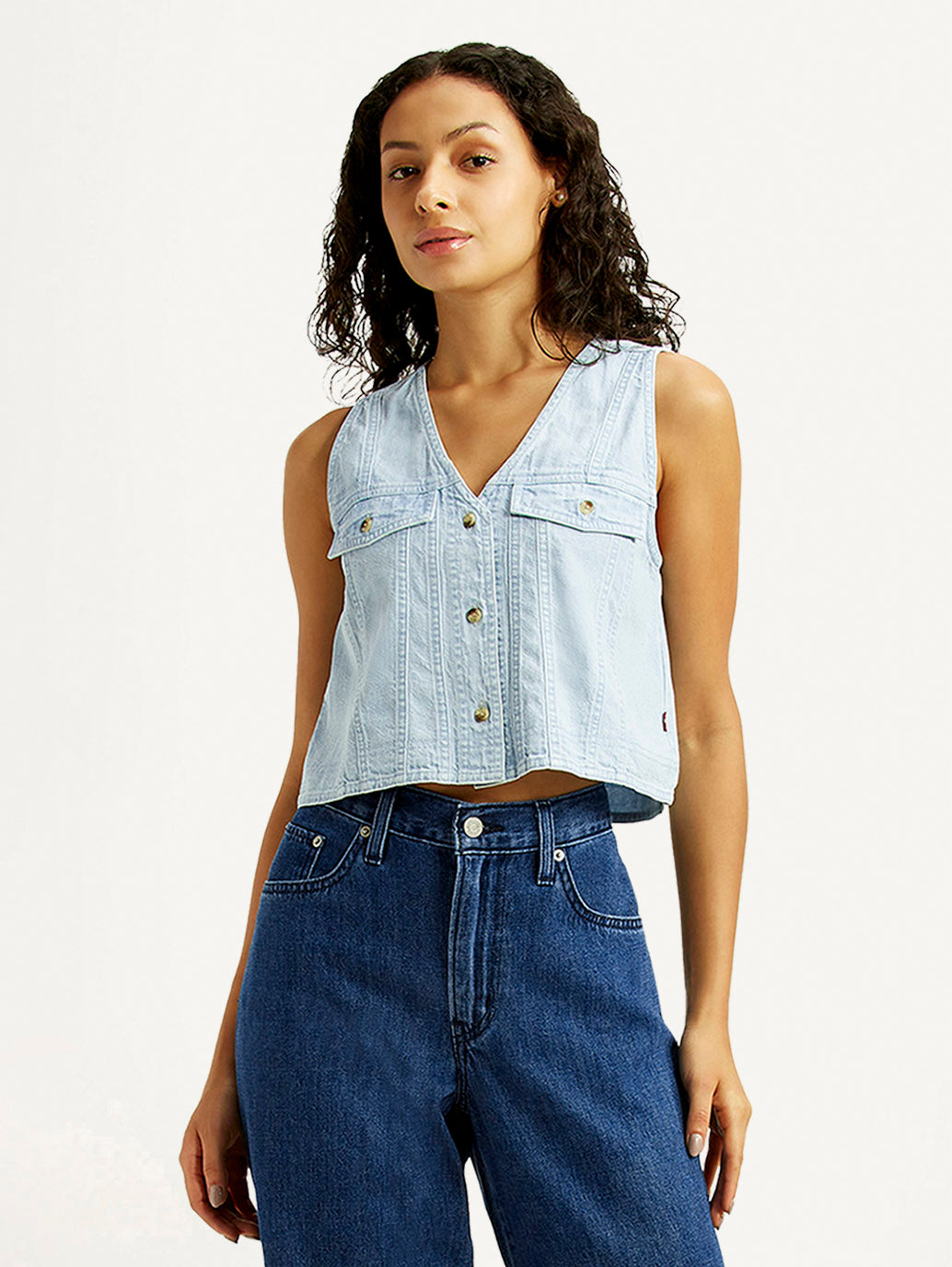 Women's Solid Light Indigo V-Neck Denim Top - Styleshot View