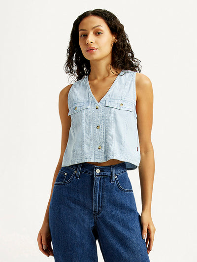 levi's Women's Solid Light Indigo V-Neck Denim Top-picture-25