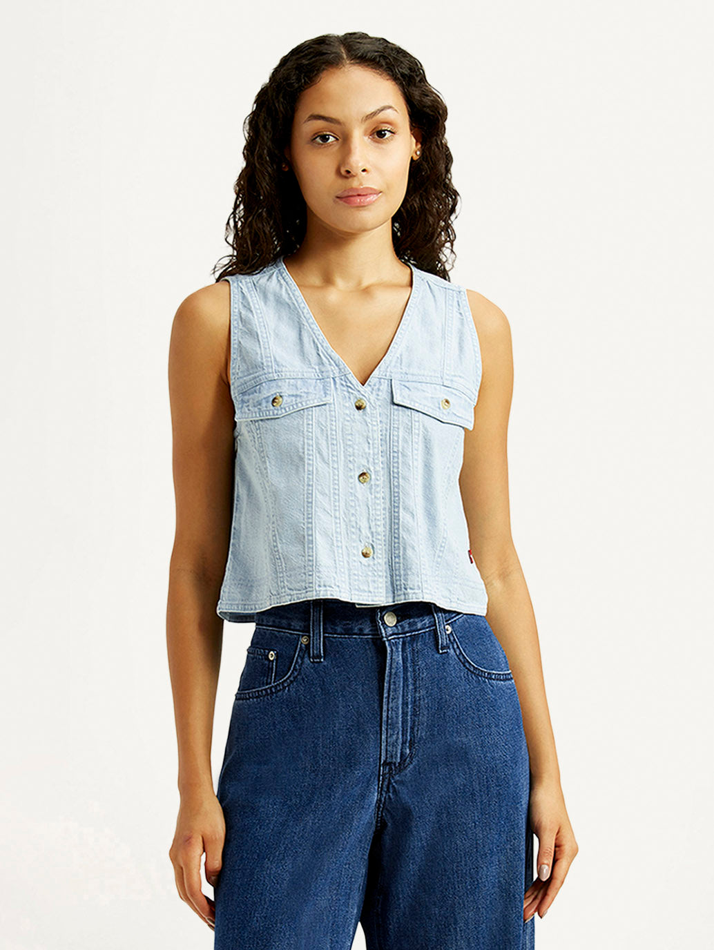 Women's Solid Light Indigo V-Neck Denim Top - Front View