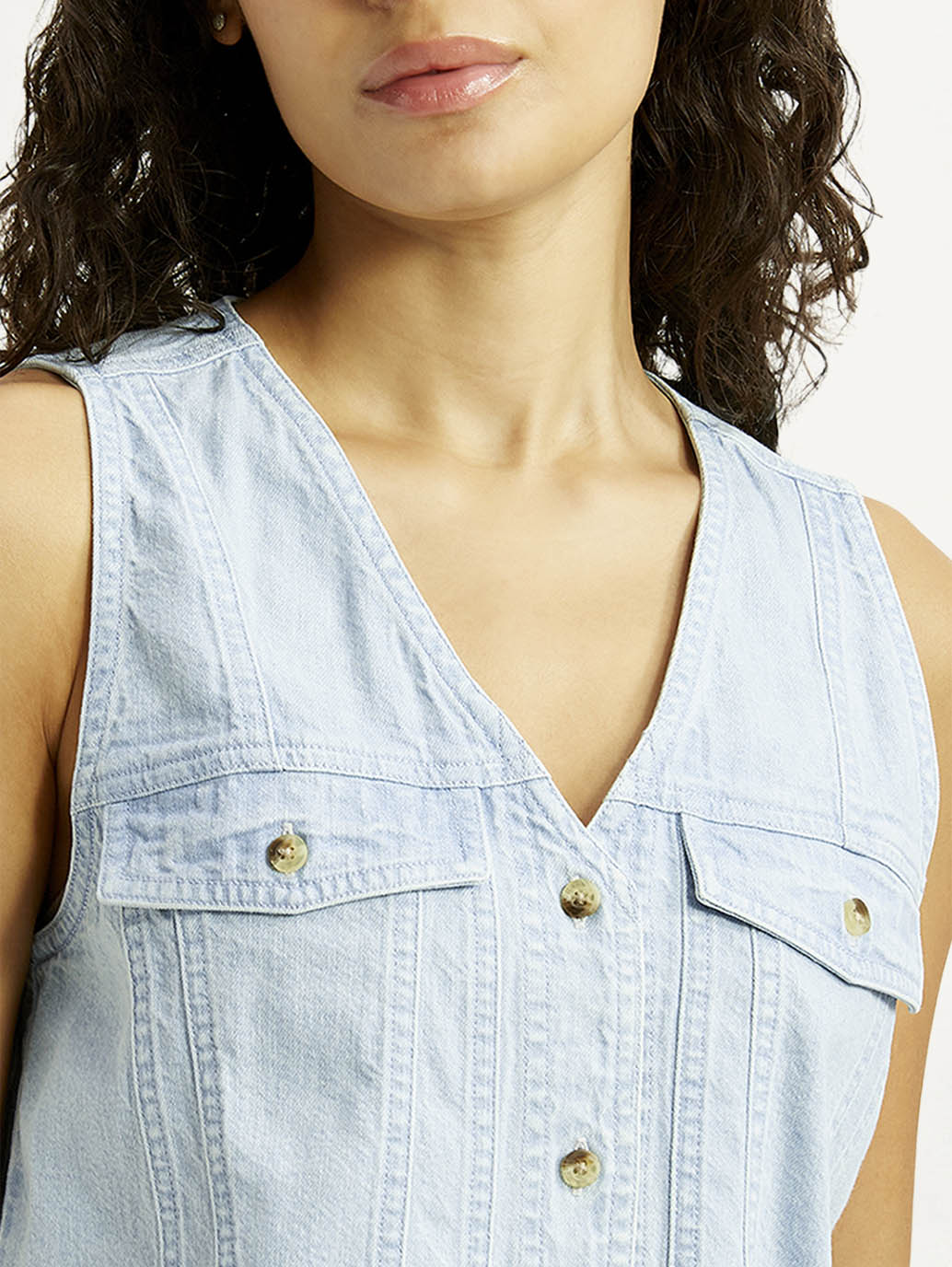 Women's Solid Light Indigo V-Neck Denim Top - Detail View